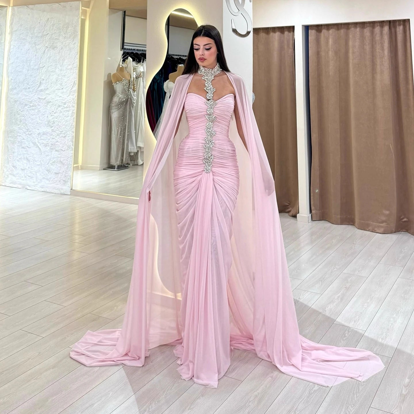 Luxury Pink Halter Crystal Beaded Evening Dress with Cape LA73374