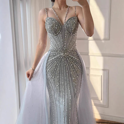 Luxury Nude Spaghetti Strap Mermaid Evening Dress with Overskirt Beaded LA73090