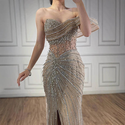 Luxury Pink Crystal One Shoulder Beaded Evening Dress Split LA73197