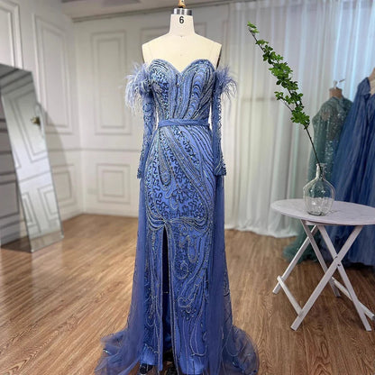Luxury Arabic Nude Mermaid High Split Feather Beaded Evening Dress LA71910