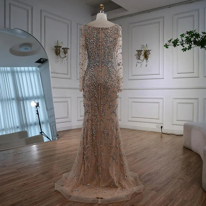 Luxury Nude Beaded Crystal Evening Dress with Long Sleeves LA73042