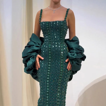 Luxury Kosovo Green Square Beaded Evening Dress with Cape LA73355