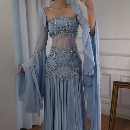 Luxury Blue Evening Dress with Pearls Tassels and Flowing Coat LA72978A