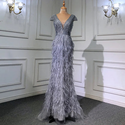 Brown Mermaid Elegant Luxury Beaded Evening Dress Gown with Feathers LA70801
