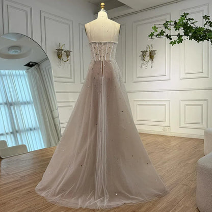 Luxury White Nude Beaded Evening Dress with Overskirt LA73107