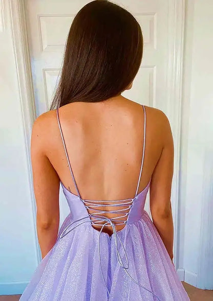 Serene Hill  Arabic Lilac Elegant Spaghetti Strap Backless A-Line Prom Dress for Women | Wedding Party LA72676