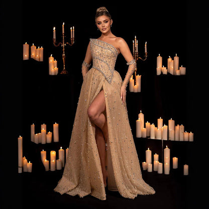 Luxury Nude Crystal Beaded A-Line Evening Dress with Split LA72949