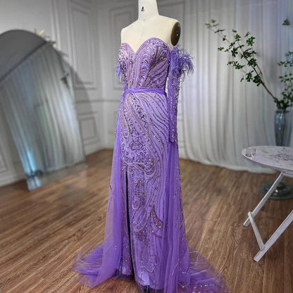 Luxury Arabic Nude Mermaid High Split Feather Beaded Evening Dress LA71910