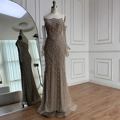 Luxury Caramel Crystal Beaded Mermaid Evening Gown with Gloves LA73186
