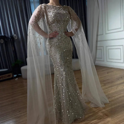 Luxury Caramel Beaded Evening Dress with Cape Sleeves LA73078