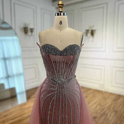 Strapless Pink Pearls Beaded Arabic Mermaid Evening Dress with Overskirt LA72811B