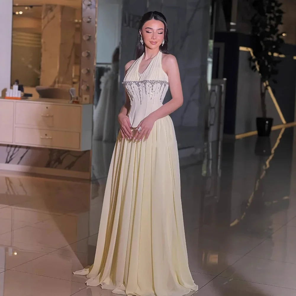 Elegant Classy Yellow Chiffon Halter Beaded Ball Gown LA73074