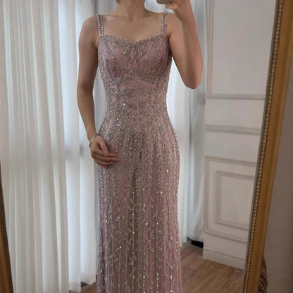 Luxury Arabic Blue Spaghetti Strap Mermaid Evening Dress Beaded LA72725