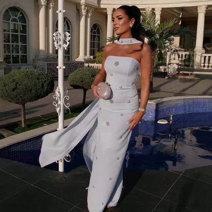 Luxury Blue Arabic Mermaid Crystal Evening Dress with Cape LA73100