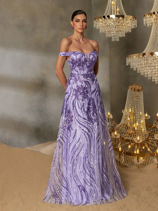 Luxury Lilac Sequin A-Line Evening Dress Off-Shoulder LA73261
