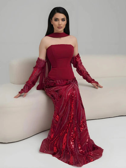 Luxuriöses weinrotes Meerjungfrauen-Abendkleid mit Handschuhen LA73050E