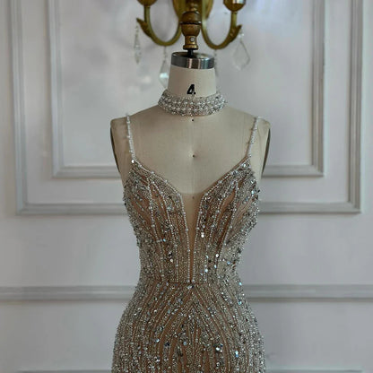White Nude Beaded Evening Dress with Spaghetti Straps LA72047D