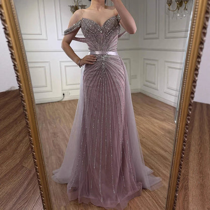 Luxury Nude Arabic Crystal Beaded Mermaid Off Shoulder Evening Dress LA73128