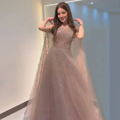 Luxury Dubai  Saudi Arabic Turquoise Evening Gown with Beaded Dress and Elegant Hooded Cape for Formal Occasion LA72659A