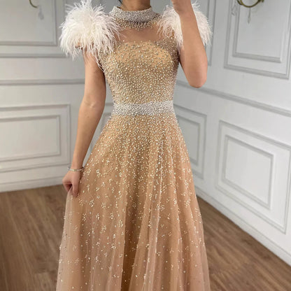Luxury Nude Feather High Neck A-Line Beaded Evening Dress LA73420