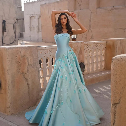 Luxury Blue Strapless Satin Mermaid Evening Dress LA73046