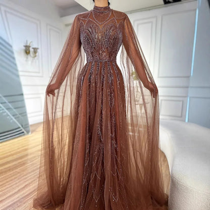 Luxury Brown Beaded Evening Gown with Cape Arabic Style LA72951