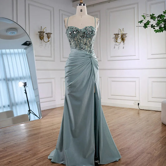 Classy Light Green Satin Prom Dress with Lace and Slit LA73032A