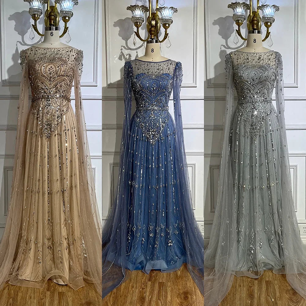 Luxury Designer Blue Beaded Stone Arabic Evening Dress With Cape Sleeve  LA72635