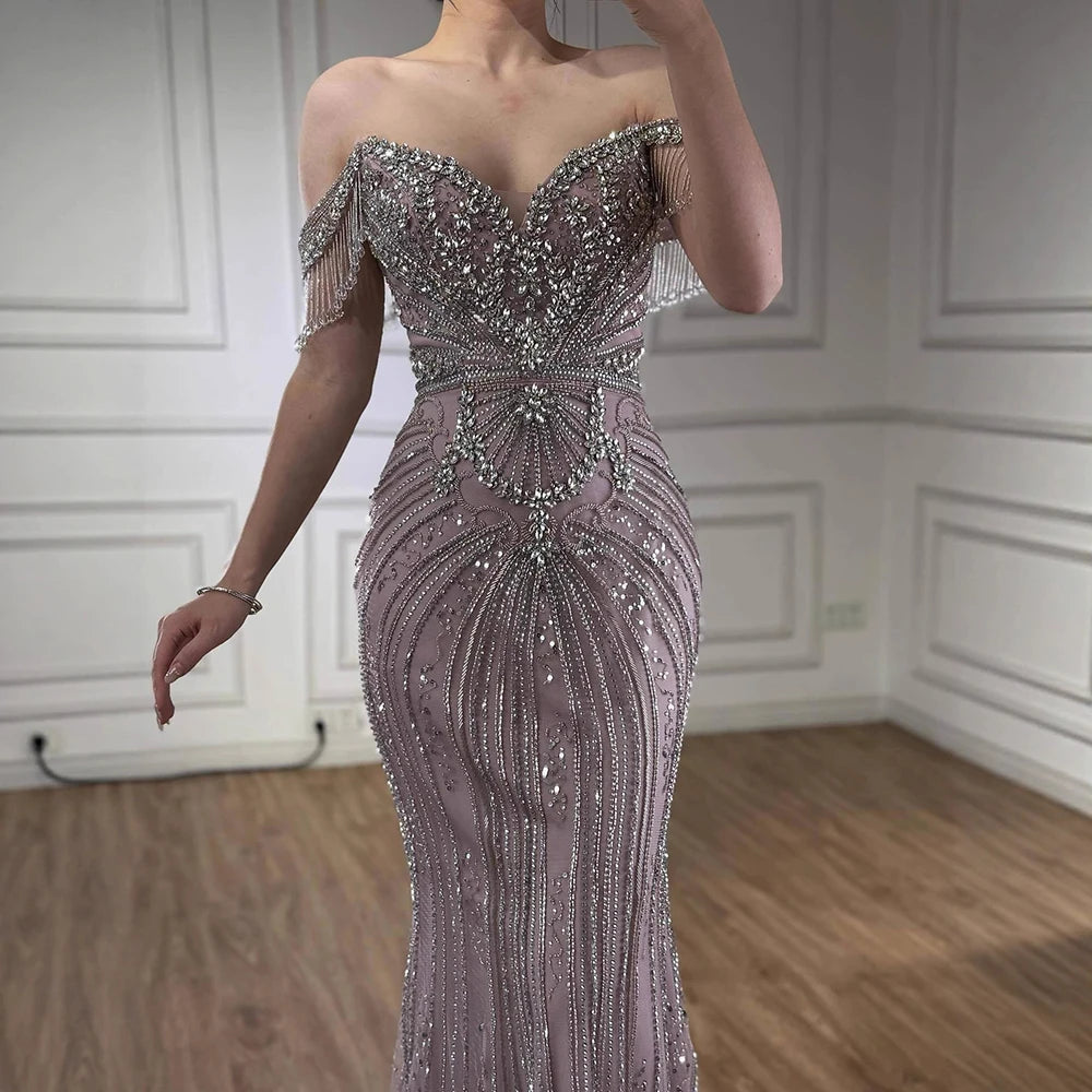 Luxury Pink Crystal Tassel Off Shoulder Evening Dress Dubai LA73204