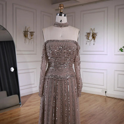 Luxury Caramel Off Shoulder Beaded Mermaid Evening Dress Long Sleeves LA73053