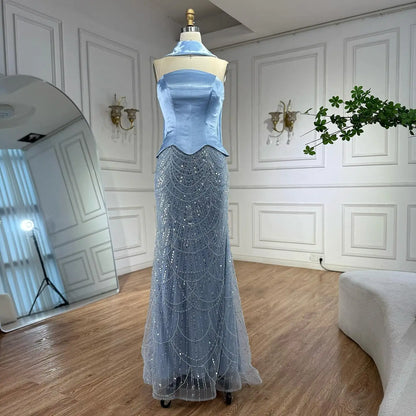 Blue Arabic Dubai Designer A-Line Evening Dress for Women Party LA73216