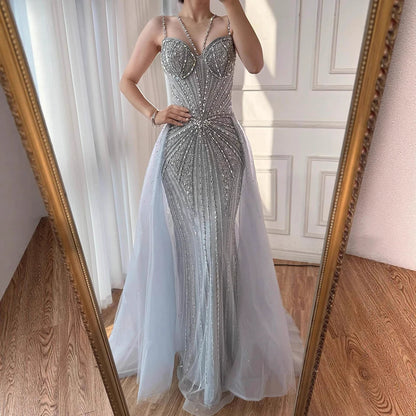 Luxury Nude Spaghetti Strap Mermaid Evening Dress with Overskirt Beaded LA73090