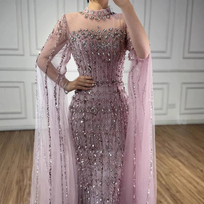 Luxury Nude Beaded Evening Dress with Long Cape Sleeves LA72714A
