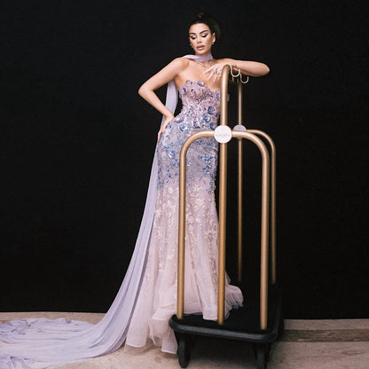 Luxury Lilac 3D Flower Evening Dress with Cape LA73345