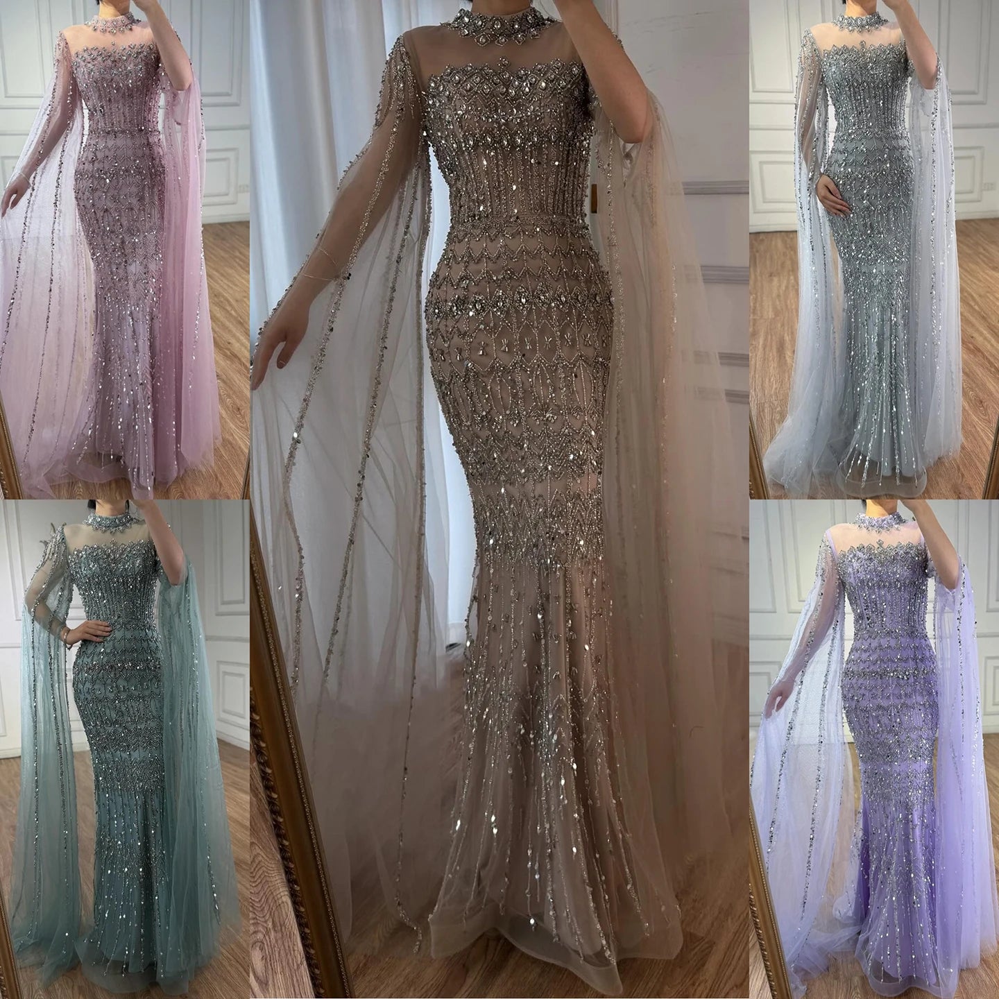 Luxury Nude Beaded Evening Dress with Long Cape Sleeves LA72714A