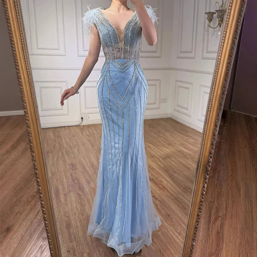 Luxury Dubai Blue Mermaid Evening Dress with Pearls and Feathers LA72578