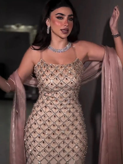 Luxury Pink Beaded Mermaid Evening Dress with Cape LA73366