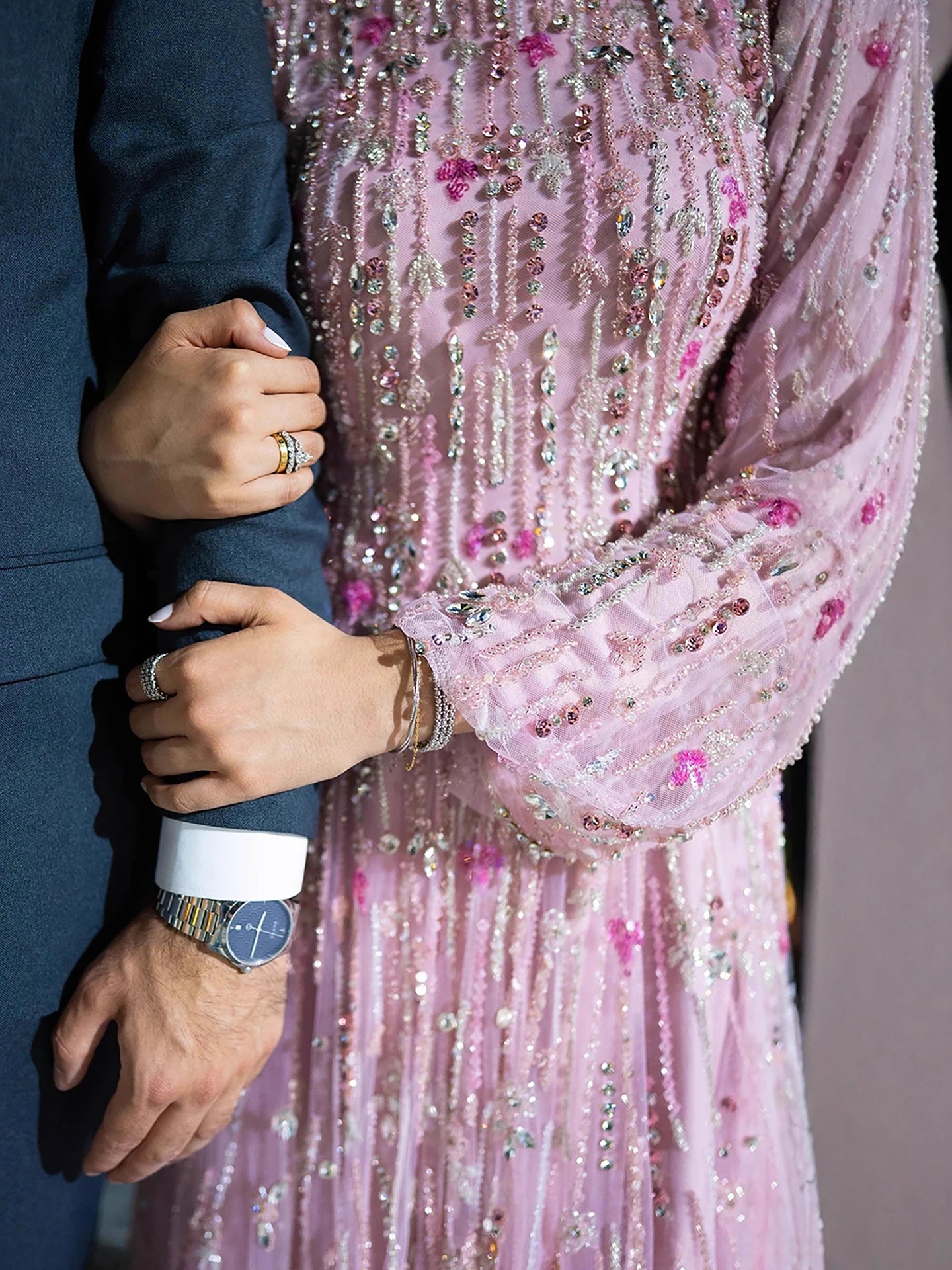 Luxury Pink Arabic Modest Muslim A-Line Crystal Beaded Evening Dress LA73363