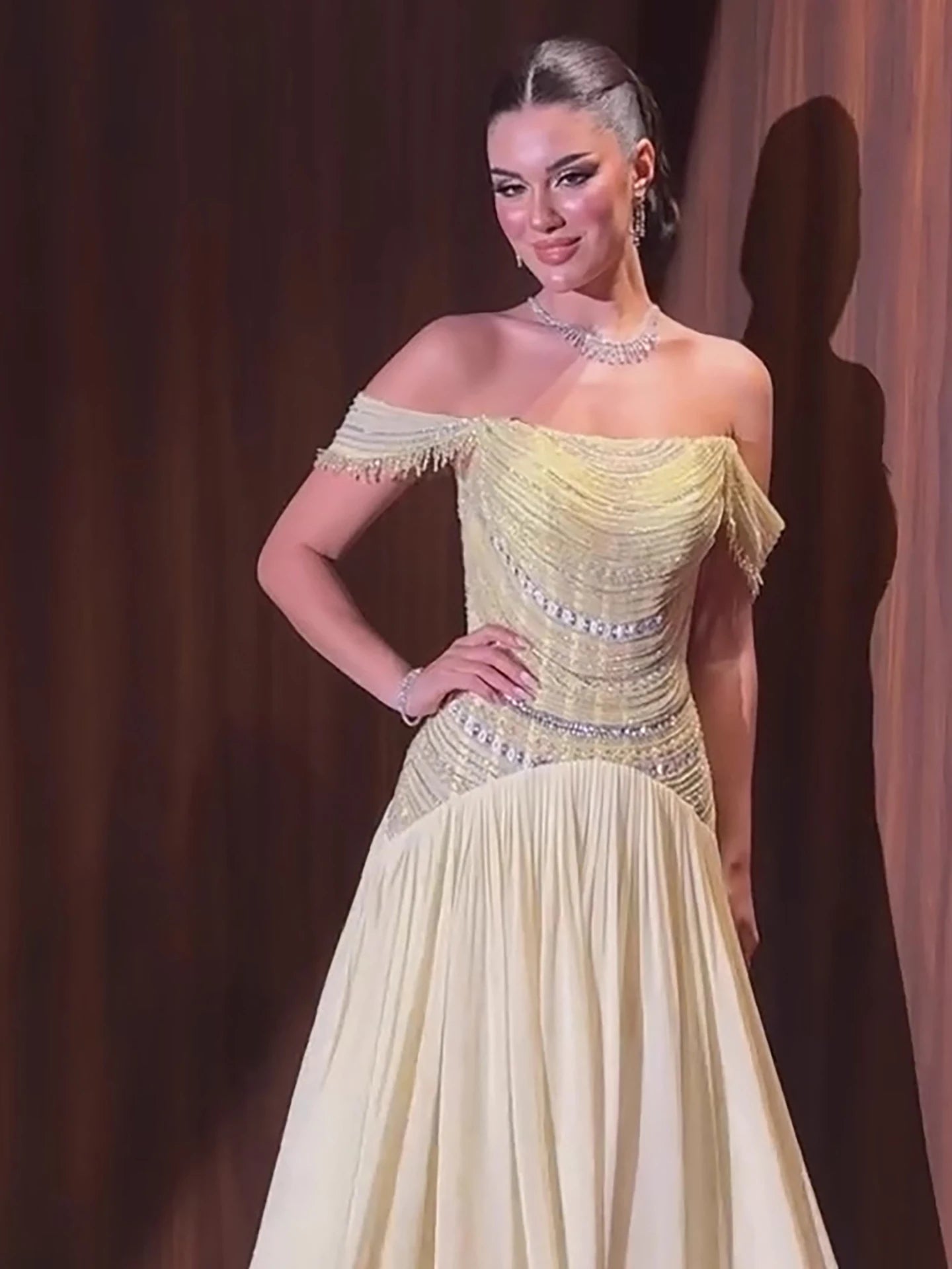 Luxury Evening Dress Yellow Off Shoulder Beaded A-Line Gown LA73350