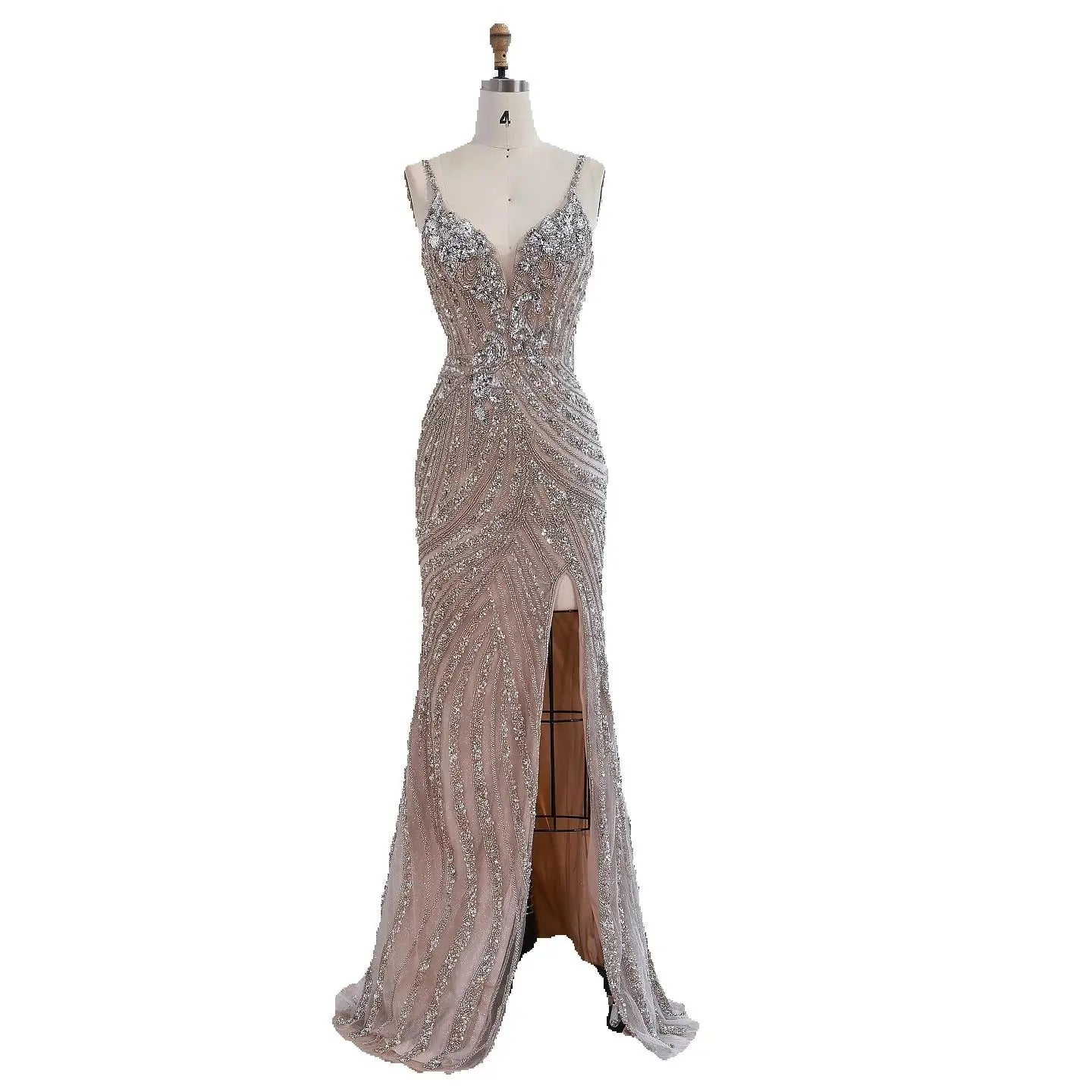 Luxury Nude Beaded High Slit Mermaid Evening Dress LA73340