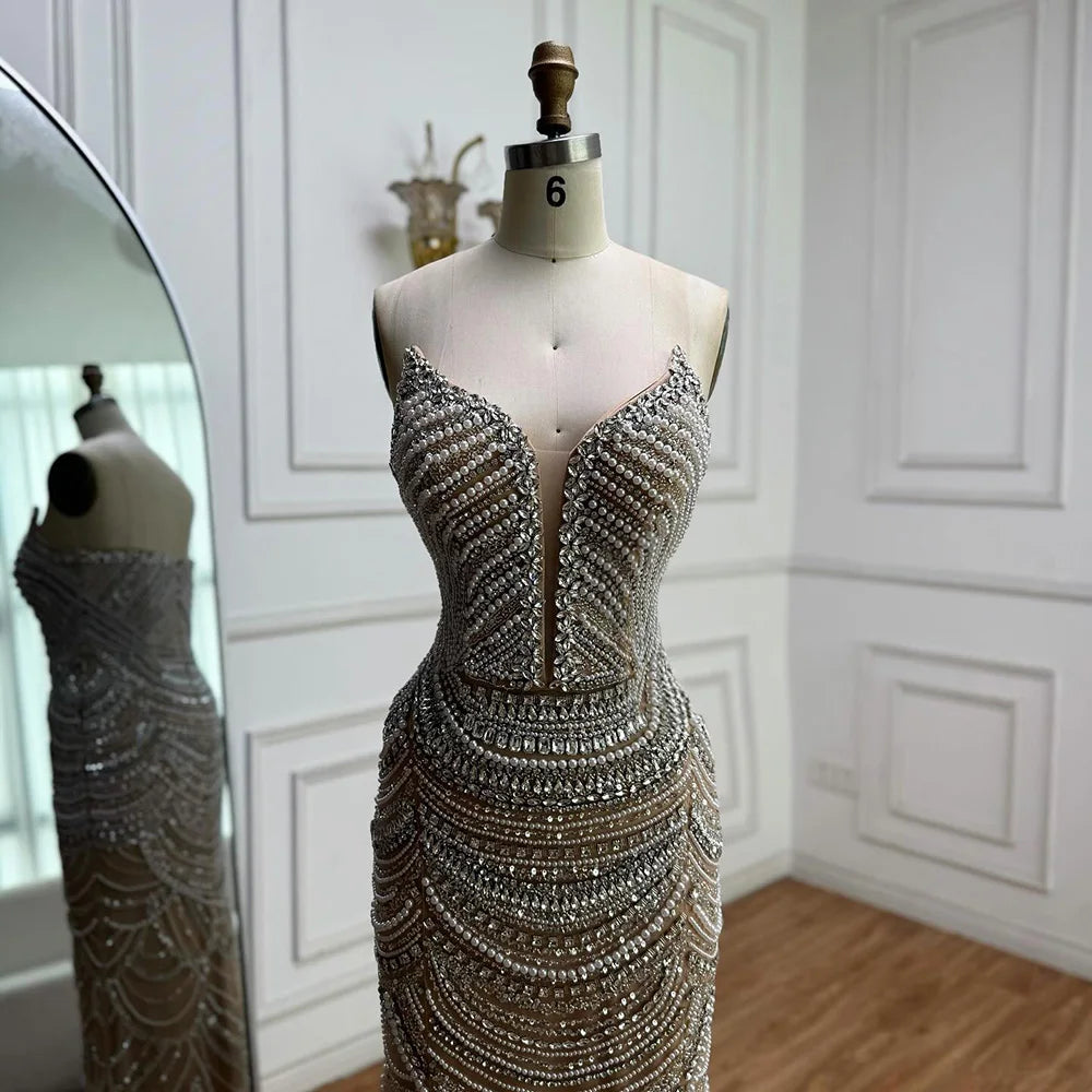 Luxury Nude Silver Beaded Evening Gown with Crystals LA72900