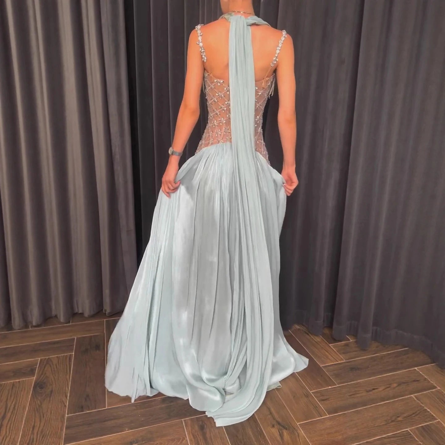 Luxury Turquoise Crystal Beaded A-Line Evening Dress LA73421