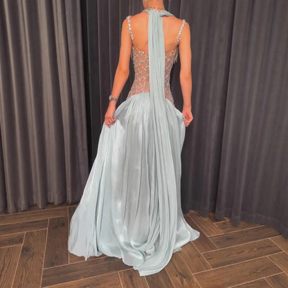 Luxury Turquoise Crystal Beaded A-Line Evening Dress LA73421