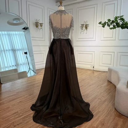 Silver Nude Beaded Long Sleeve Arabic Evening Dress LA72769A