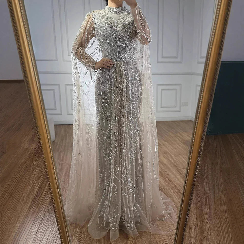 Luxury Sliver Hijab Modest Muslim Beaded Evening Dress LA73215