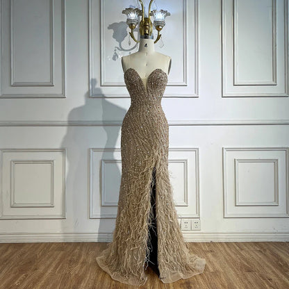 Luxury Blue Feather Beaded Evening Dress with Side Skirt LA72695
