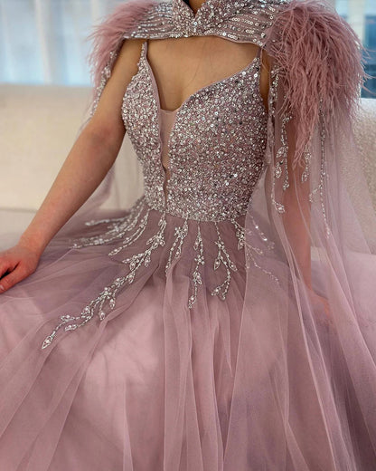 Luxury Dubai Arabic Beige A-Line Feathers Long Cape Luxury Beaded Saudi Evening Dresses Gowns for Formal Occasion  LA72722