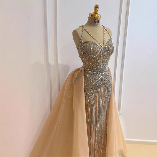 Luxury Nude Spaghetti Strap Mermaid Evening Dress with Overskirt Beaded LA73090