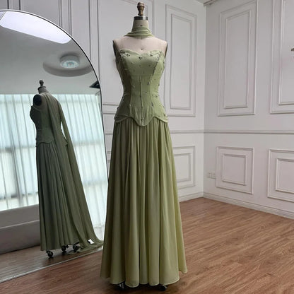 Classy Sage Green Strapless A-Line Chiffon Evening Dress LA73073