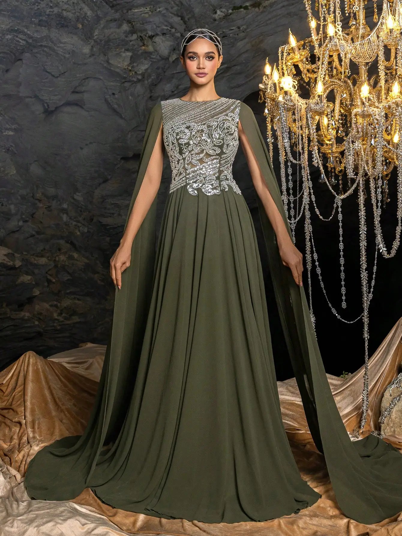 Elegant Olive Green A-Line Chiffon Evening Dress For Occasion LA73273
